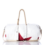 The Vintage Red Star Duffel by Sea Bags is a white duffel bag with red accents, featuring hemp rope handles, a beige shoulder strap, and a white tag labeled Sea Bags. Crafted from recycled sail cloth, it is shown against a white background. by Sea Bags