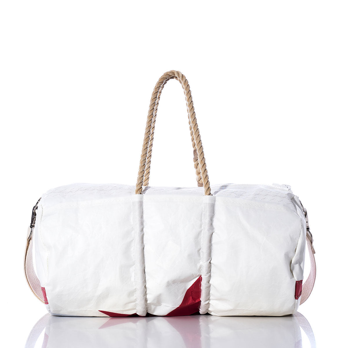 Sea Bags Vintage Red Star Duffel, crafted from recycled sail cloth with sturdy hemp rope handles and bold red star accents, displayed against a plain white background. by Sea Bags