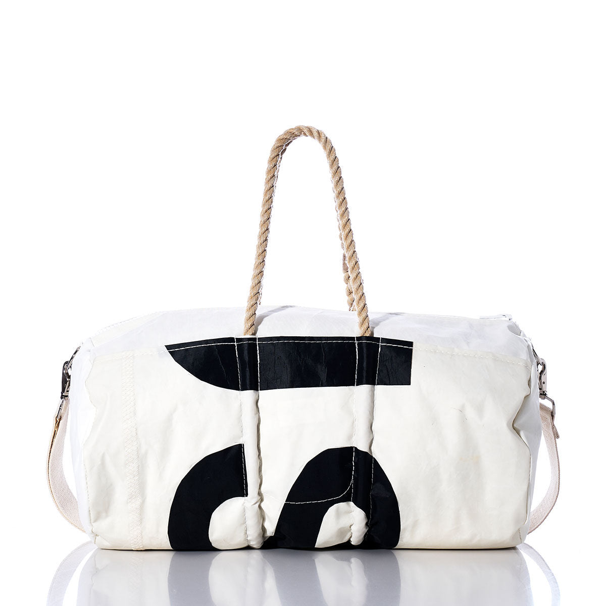 The Sea Bags Vintage S8 Duffel is crafted from recycled sail cloth and features black graphic details, rope handles, and a detachable fabric shoulder strap. This distinctive white duffel bag showcases authentic sail insignias for a unique vintage look. by Sea Bags