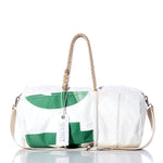 The Sea Bags Vintage 14 Duffel is a white and green duffel bag made from recycled sail cloth, featuring sturdy hemp rope handles, a canvas shoulder strap, and a visible Sea Bags tag, displayed against a white background. by Sea Bags