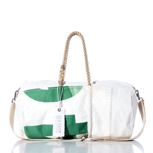 The Sea Bags Vintage 14 Duffel is a white and green duffel bag made from recycled sail cloth, featuring sturdy hemp rope handles, a canvas shoulder strap, and a visible Sea Bags tag, displayed against a white background. by Sea Bags