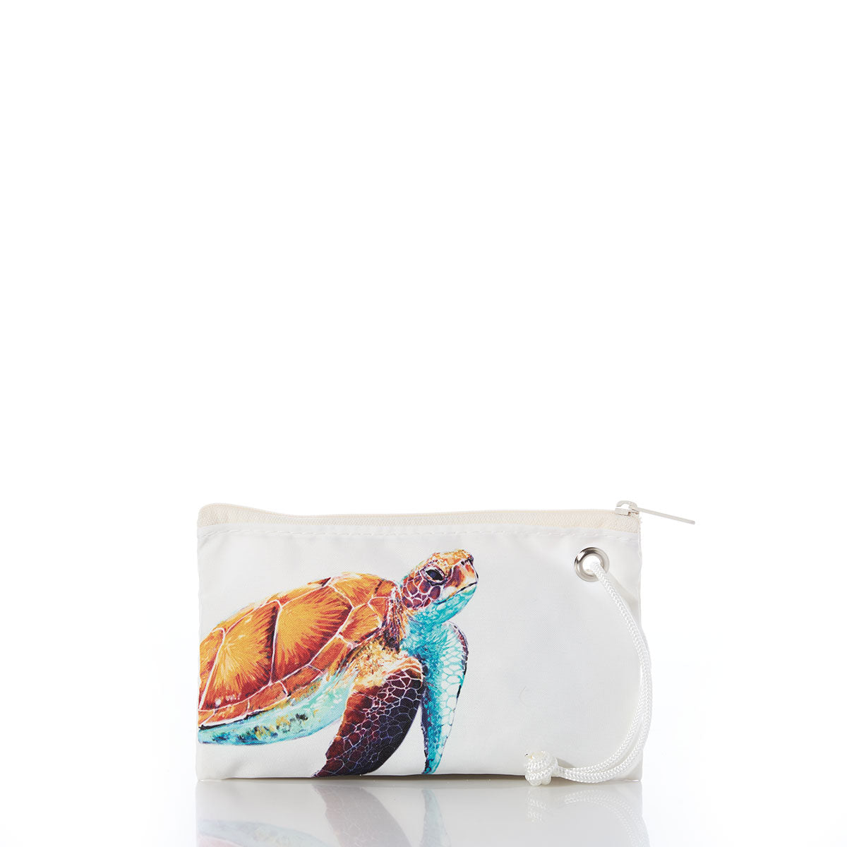 The Multicolor Sea Turtle Wristlet by Sea Bags features a vibrant sea turtle illustration on a small white pouch, complete with a white cord attached to the zipper—an ideal sustainable accessory for ocean lovers. by Sea Bags