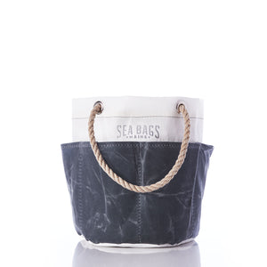 All Purpose Gray Tool Bucket Bag with sturdy rope handles, perfect for carrying gardening tools or using as a stylish tool bucket, featuring the “Sea Bags” logo on the front, photographed on a white background. by Sea Bags