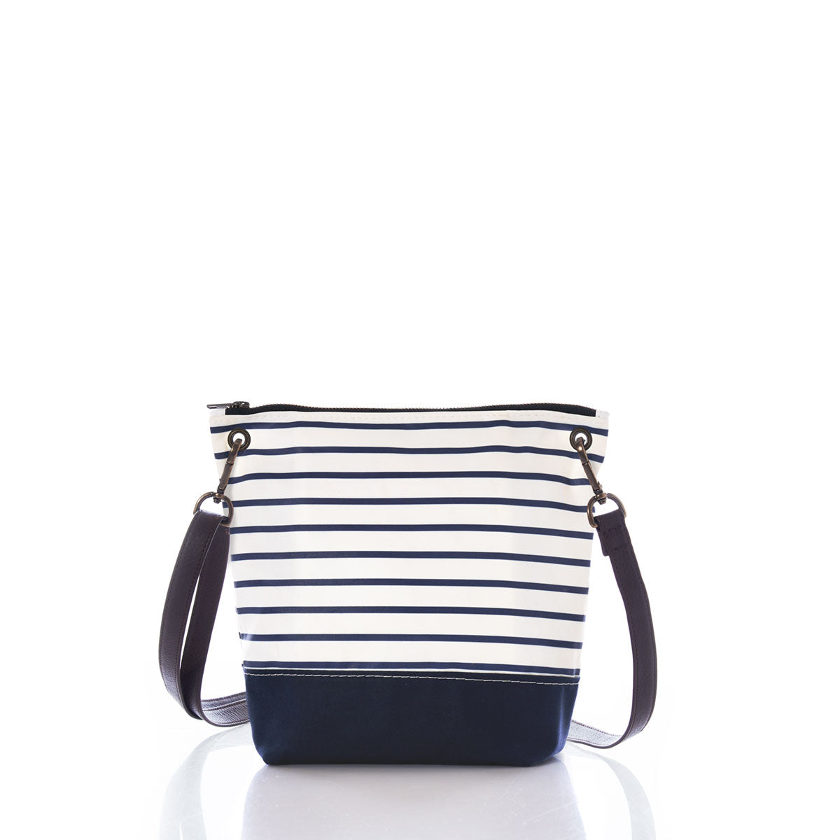 The Navy Mariner Stripe Chebeague Crossbody Bag by Sea Bags, crafted from recycled sailcloth and featuring a navy and white striped design, zip closure, dark adjustable strap, and navy bottom panel, is displayed on a white background. by Sea Bags