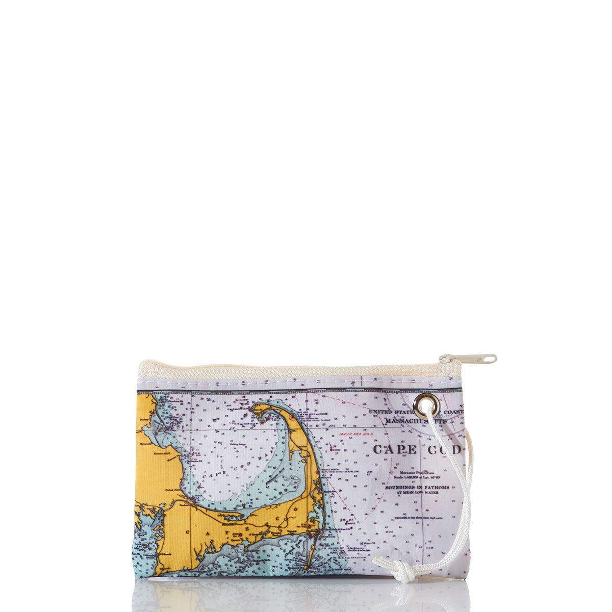 Introducing the Sea Bags Cape Cod Nautical Chart Wristlet—a small zippered pouch crafted from recycled sailcloth, featuring a printed nautical chart design with Cape Cod depicted as a yellow landmass. Finished with a white strap at one corner, this stylish accessory is perfect for anyone seeking a distinctive, maritime-inspired wristlet. by Sea Bags