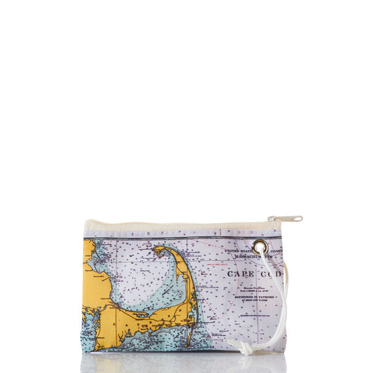 Introducing the Sea Bags Cape Cod Nautical Chart Wristlet—a small zippered pouch crafted from recycled sailcloth, featuring a printed nautical chart design with Cape Cod depicted as a yellow landmass. Finished with a white strap at one corner, this stylish accessory is perfect for anyone seeking a distinctive, maritime-inspired wristlet. by Sea Bags