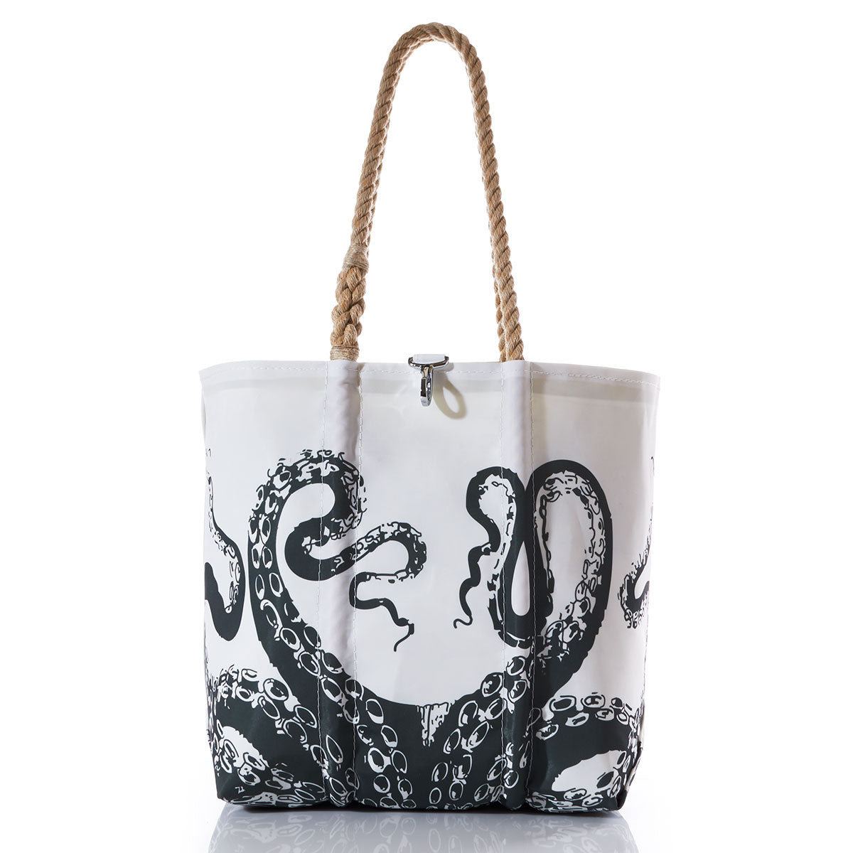 The Octopus Medium Tote with Clasp by Sea Bags features a striking black octopus tentacle design on white, complemented by two tan rope handles. Photographed against a white background, this tote is the perfect oceanography accessory—evoking the spirit of exploration and reminiscent of iconic voyages like the HMS Challenger or Darwin’s Origin of Species. by Sea Bags
