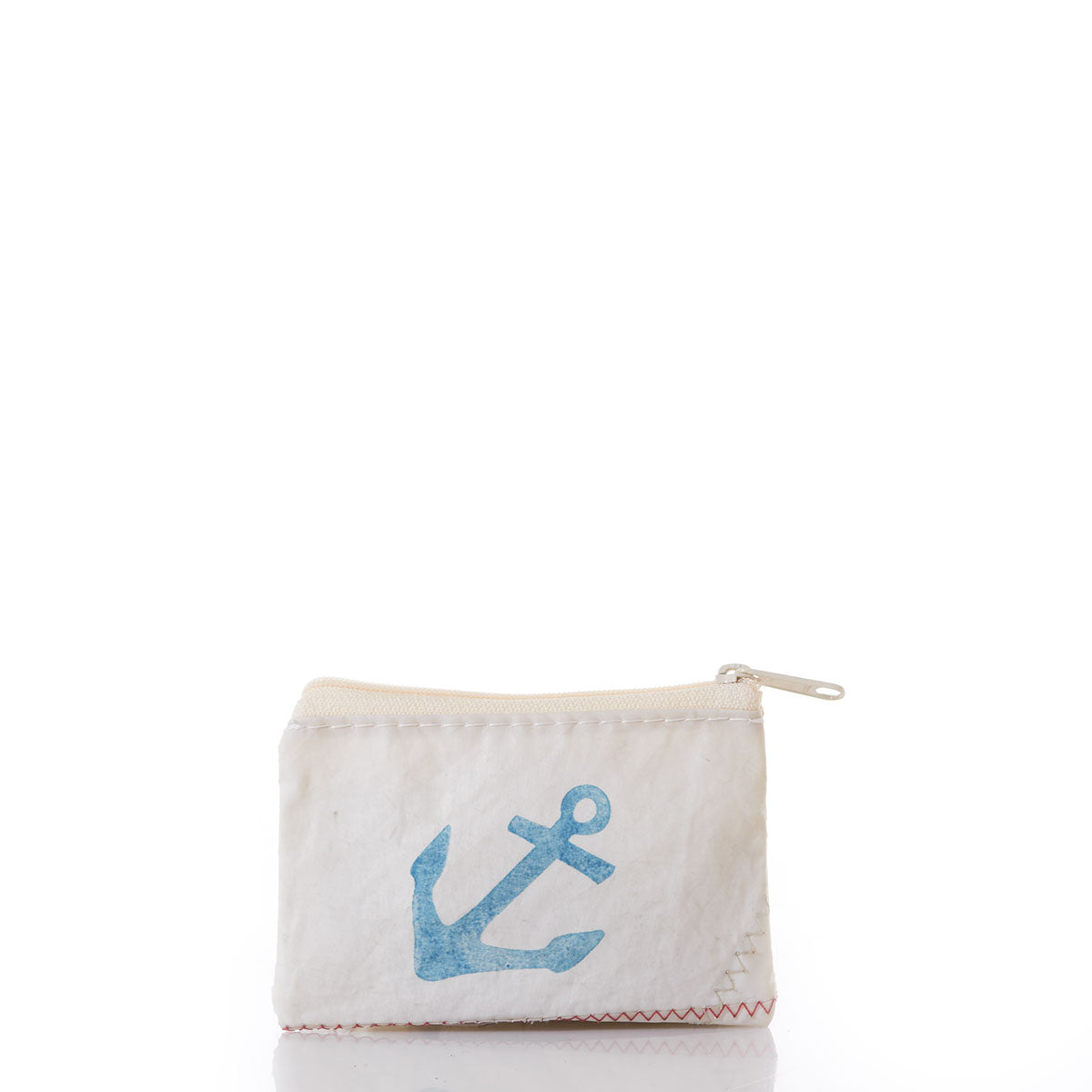 The Sea Bags Navy Anchor Everyday Carry Mini Pouch is a small white organizer crafted from recycled Dacron sail, featuring a navy anchor design on the front and displayed against a plain white background. by Sea Bags