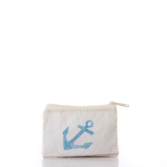The Sea Bags Navy Anchor Everyday Carry Mini Pouch is a small white organizer crafted from recycled Dacron sail, featuring a navy anchor design on the front and displayed against a plain white background. by Sea Bags