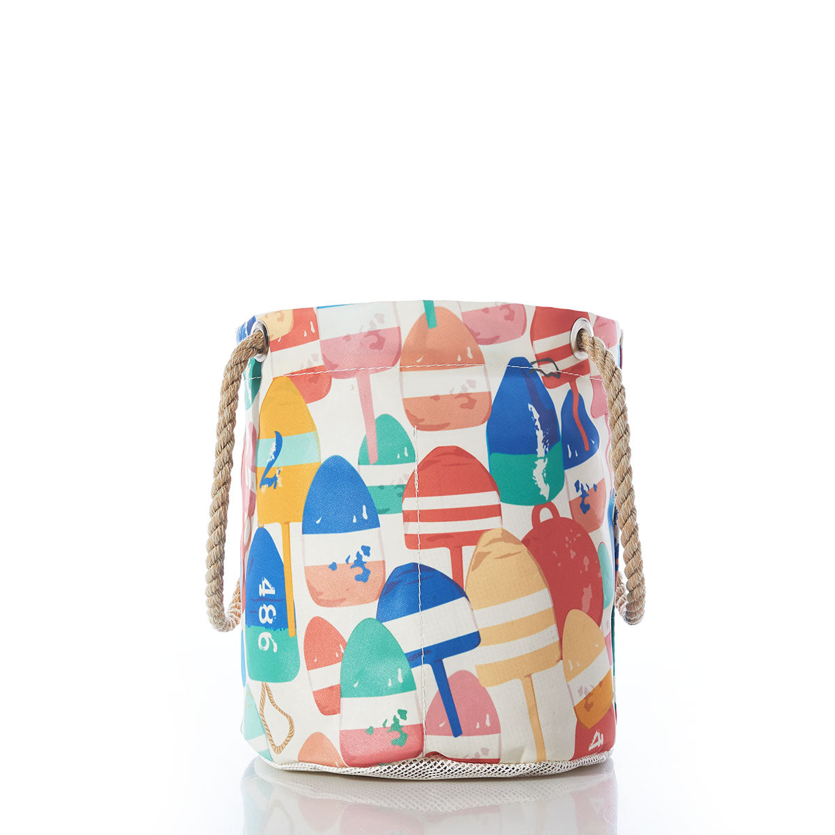 The Downeast Buoys Beachcomber Bucket by Sea Bags features colorful fabric with a mushroom pattern and sturdy rope handles, evoking the look of recycled sail cloth bags, photographed against a white background. by Sea Bags