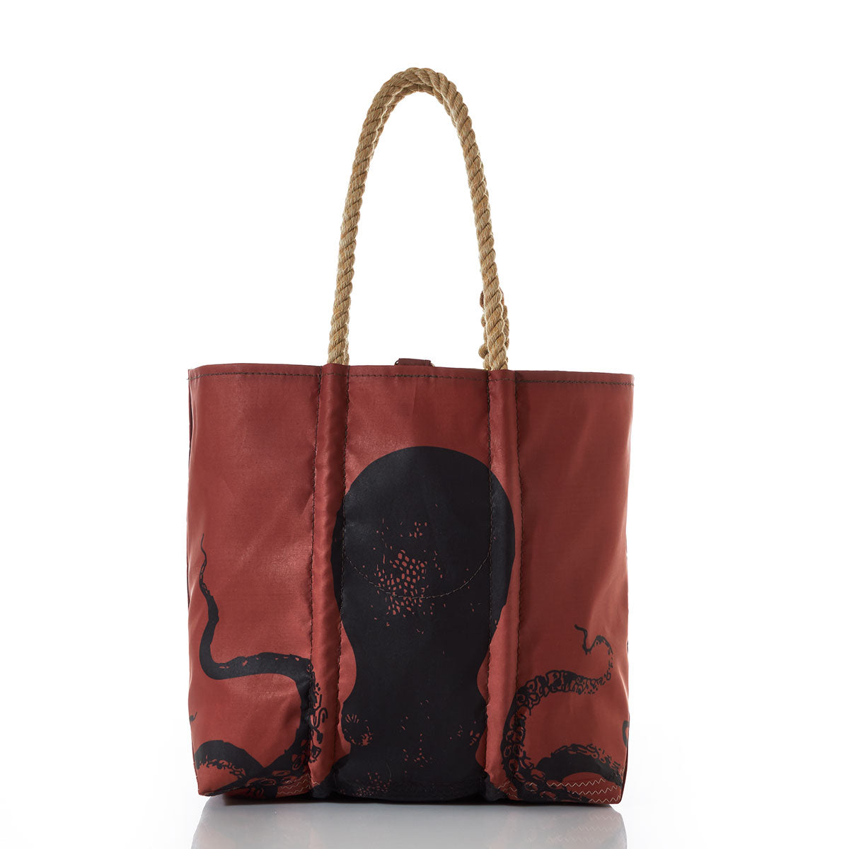 The Sea Bags Tanbark Octopus Medium Tote is made from recycled sail cloth and features sturdy rope handles, with a bold black octopus design on the front. Photographed head-on against a white background, this bag highlights the durable craftsmanship characteristic of Tanbark bags. by Sea Bags