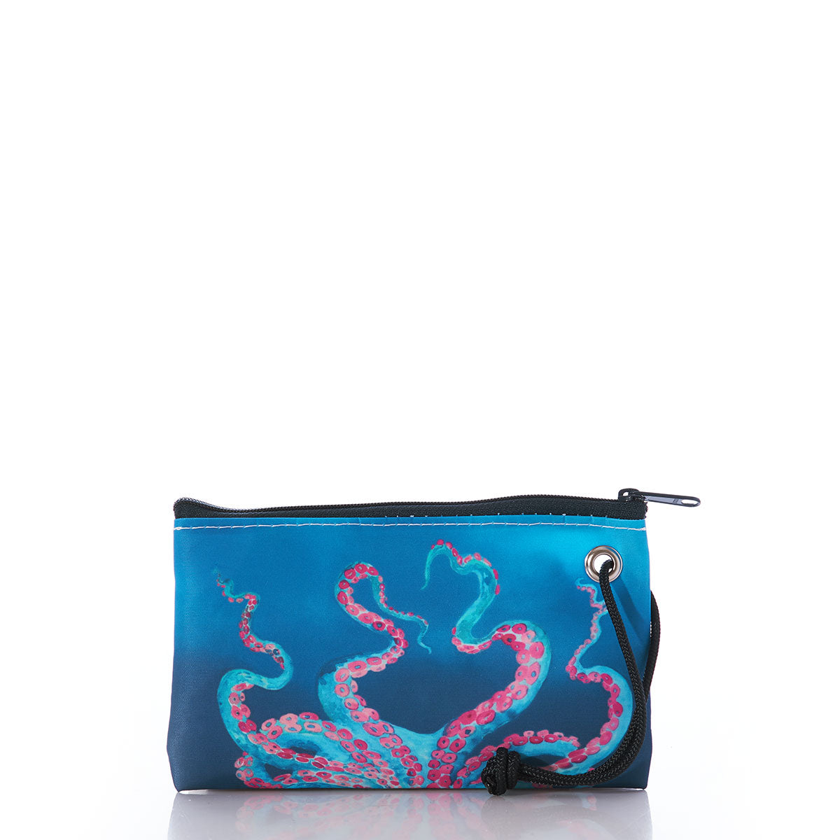 Introducing the Sea Bags Multicolor Octopus Wristlet—a small blue zippered pouch crafted from recycled sail cloth, featuring a vibrant pink and turquoise octopus design, finished with a black strap and metal grommet on the right side. The perfect wallet alternative. by Sea Bags