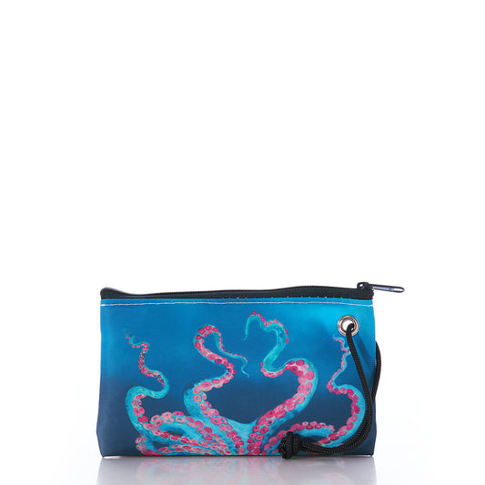 Introducing the Sea Bags Multicolor Octopus Wristlet—a small blue zippered pouch crafted from recycled sail cloth, featuring a vibrant pink and turquoise octopus design, finished with a black strap and metal grommet on the right side. The perfect wallet alternative. by Sea Bags