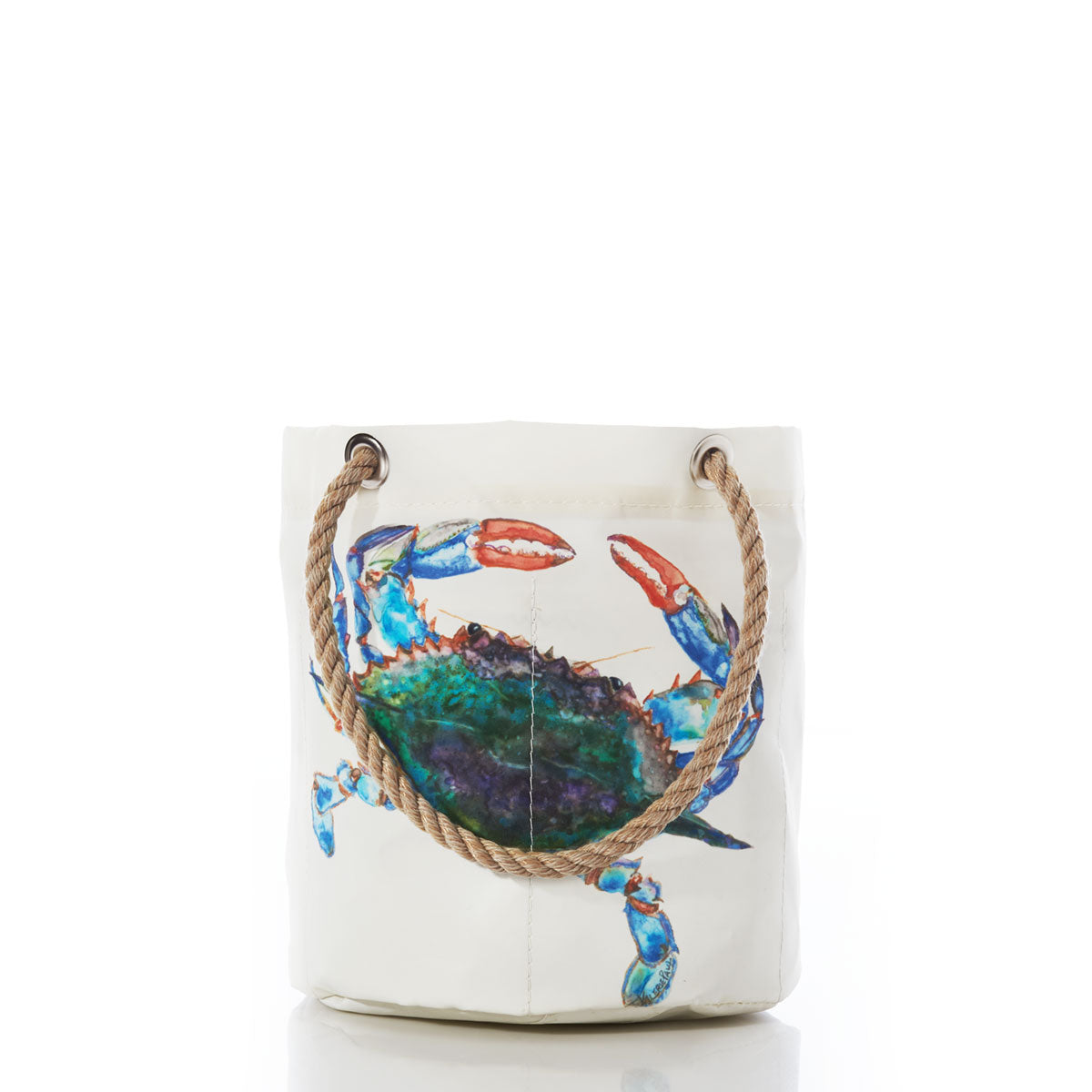 Sea Bags’ Watercolor Crab Beverage Bucket features a vibrant crab illustration by a Maine artist on the front, displayed on durable white canvas with rope handles—an ideal coastal-inspired organizer for everyday use. by Sea Bags