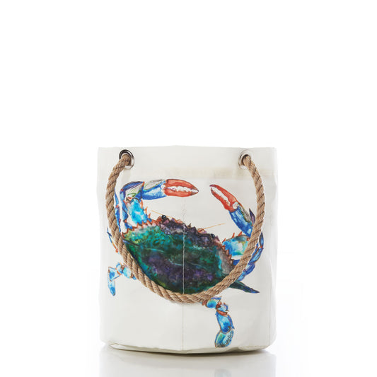 Sea Bags’ Watercolor Crab Beverage Bucket features a vibrant crab illustration by a Maine artist on the front, displayed on durable white canvas with rope handles—an ideal coastal-inspired organizer for everyday use. by Sea Bags