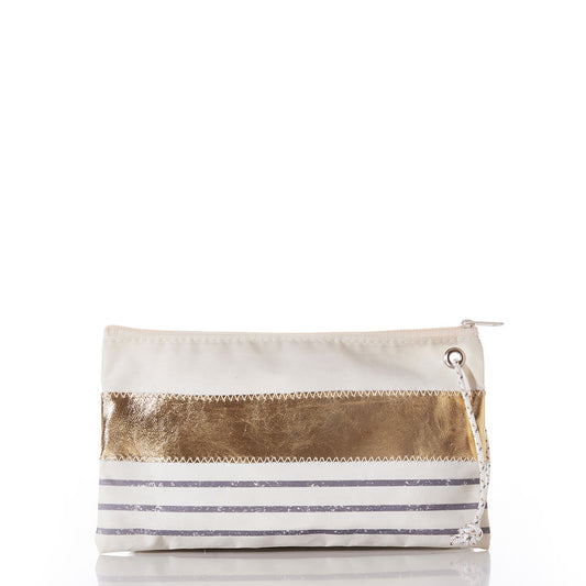 Introducing the Grey Mariner Stripe Large Wristlet by Sea Bags—a spacious pouch handcrafted from reclaimed sails, featuring a metallic gold stripe and horizontal gray stripes, with a white cord attached to the zipper. by Sea Bags