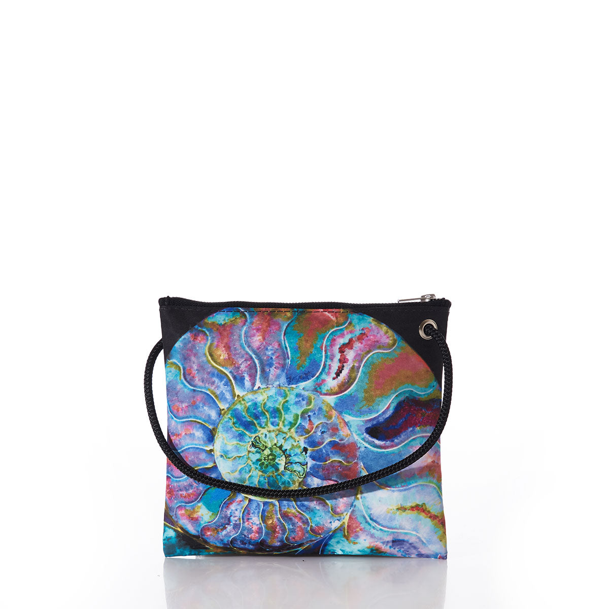 The Sea Bags Multicolor Nautilus Slim Crossbody Bag features a vibrant watercolor-inspired nautilus fossil pattern on the front, a black zipper closure, and a matching black rope strap. It is photographed against a white background. by Sea Bags