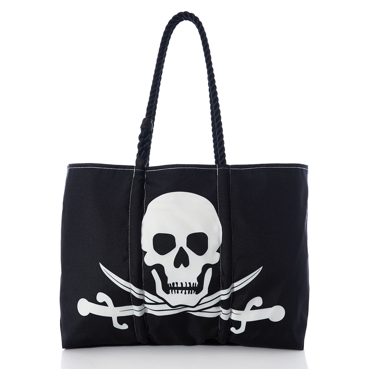 Sea Bags Jolly Roger Tote with Clasp and Hanging Pocket crafted from recycled sail cloth, features a bold white skull and crossed swords graphic on the front, two braided handles, and is showcased against a plain white background. by Sea Bags
