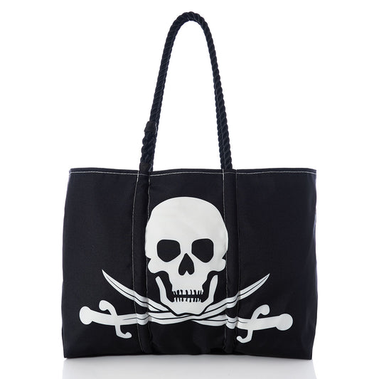 Sea Bags Jolly Roger Tote with Clasp and Hanging Pocket crafted from recycled sail cloth, features a bold white skull and crossed swords graphic on the front, two braided handles, and is showcased against a plain white background. by Sea Bags