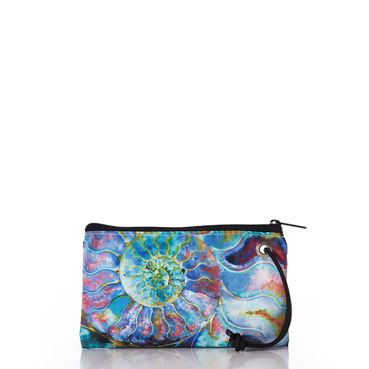 The Sea Bags Multicolor Nautilus Wristlet is a small zippered pouch made from recycled sails, featuring a vibrant watercolor nautilus shell design and a black wrist strap, shown against a white background. by Sea Bags