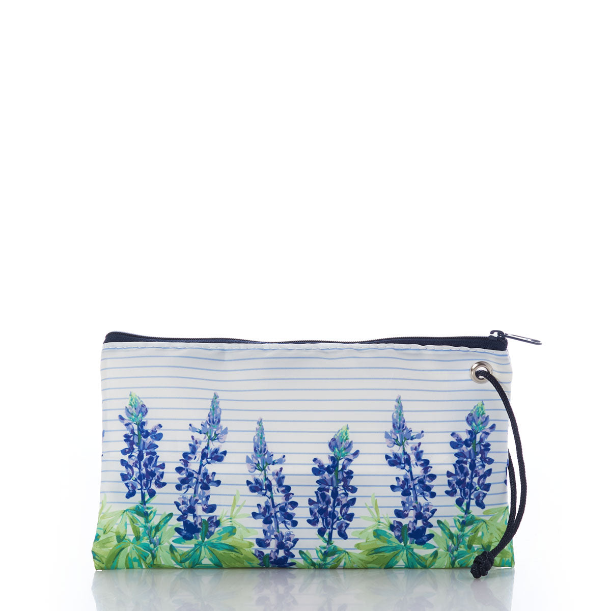 Introducing the Lupine Sailor Stripe Large Wristlet by Sea Bags—a rectangular pouch crafted from recycled sail cloth for coastal charm, featuring a zippered closure, convenient wrist strap, classic striped background, and a blue and green lupine floral design along the bottom. by Sea Bags