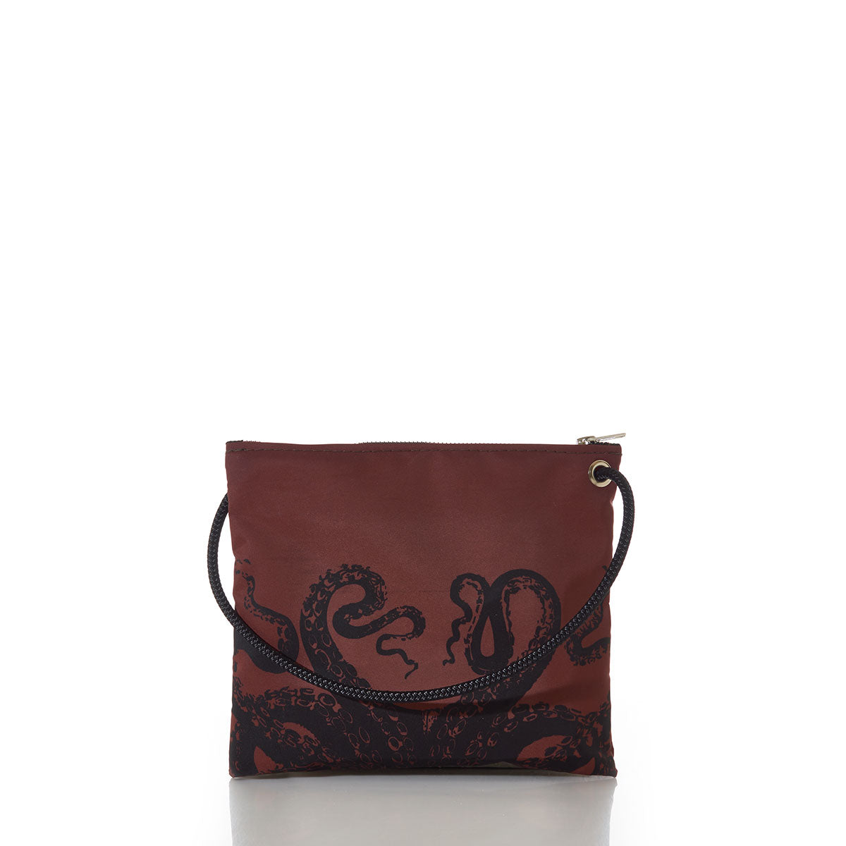 The Sea Bags Tanbark Octopus Slim Crossbody Bag, crafted from recycled sail cloth in authentic nautical style, features a brown pouch adorned with a black octopus tentacle design, a black rope shoulder strap, and a zippered closure, shown against a white background. by Sea Bags