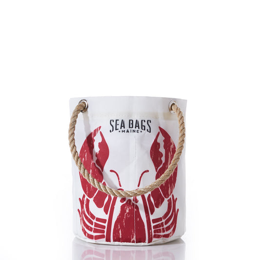 Lobster Pound Beverage Bucket Bag by Sea Bags, featuring sturdy rope handles and crafted from recycled sail cloth with a bold red lobster graphic and Sea Bags Maine text on the front. by Sea Bags