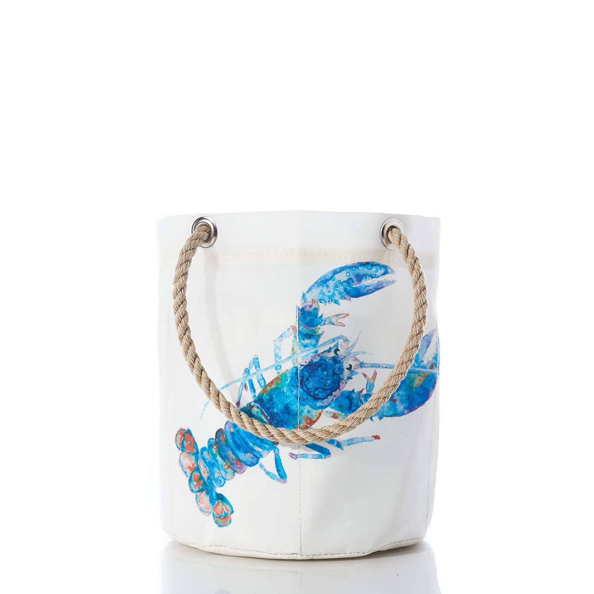 The Sea Bags Multicolor Lobster Beverage Bucket, crafted from recycled sail cloth and featuring a vibrant multicolored lobster design with sturdy rope handles, is displayed against a white background. by Sea Bags
