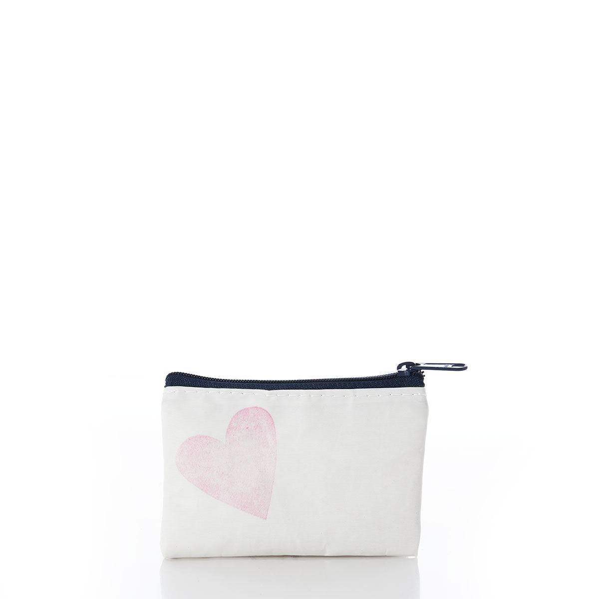 The Sea Bags Heart Everyday Carry Mini Pouch is a small white zippered pouch crafted from recycled sail cloth, featuring a black zipper and a light pink heart graphic on the front. Perfect as a chic coin purse or compact organizer, it is photographed against a white background. by Sea Bags