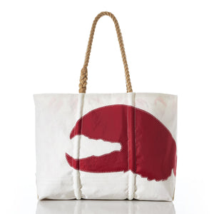 Sea Bags Tote Large Lobster Claw with Clasp and Hanging Pocket, featuring rope handles and a bold red lobster claw graphic on the front, crafted from recycled sails and shown against a white background. by Sea Bags