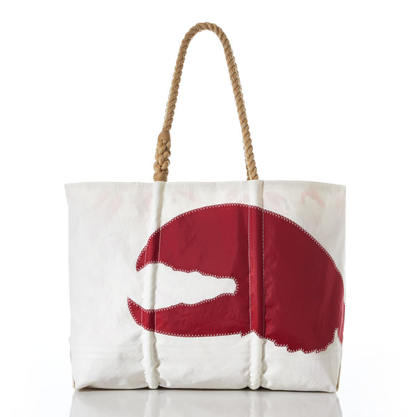 Sea Bags Tote Large Lobster Claw with Clasp and Hanging Pocket, featuring rope handles and a bold red lobster claw graphic on the front, crafted from recycled sails and shown against a white background. by Sea Bags