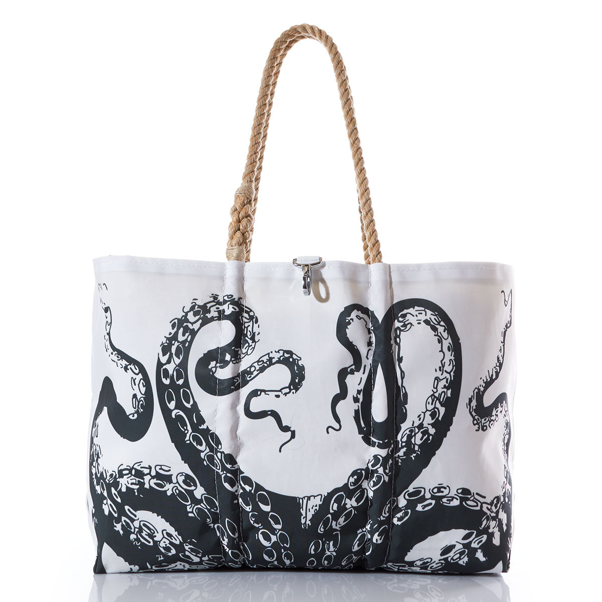 Sea Bags Octopus Large Tote with Clasp, featuring a striking black octopus tentacle design and braided rope handles, inspired by the spirit of ocean exploration—perfect as an oceanography bag or a tribute to the HMS Challenger, photographed on a white background. by Sea Bags