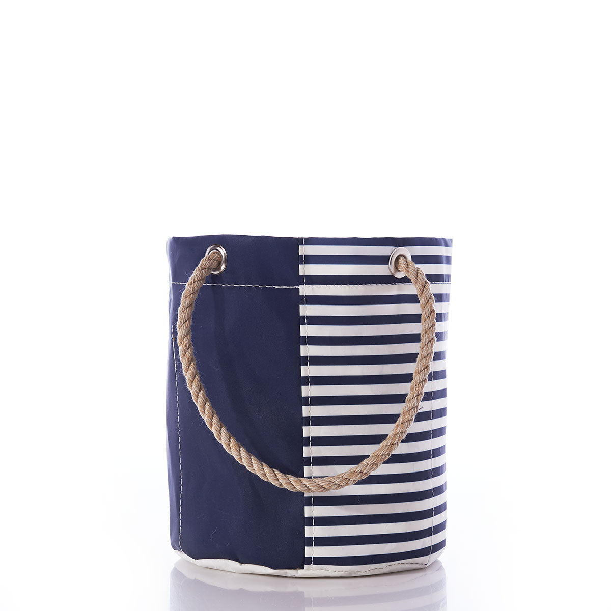 Sea Bags Breton Stripe White Anchor Beverage Bucket, handcrafted in Maine from recycled sail cloth, features navy blue and white stripes, a thick rope handle, and is shown against a white background. by Sea Bags