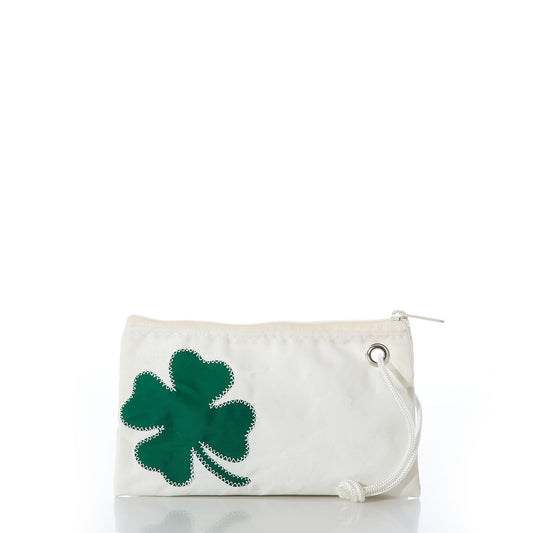 Celebrate St. Patrick’s Day in style with the Sea Bags Four Leaf Clover Wristlet—a small white zippered pouch featuring a convenient wrist strap and adorned with a green four-leaf clover graphic in the lower left corner. by Sea Bags