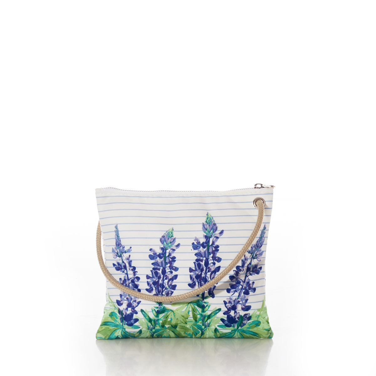 The Sea Bags Lupine Sailor Stripe Slim Crossbody is crafted from recycled sail cloth and features a blue and purple lupine print with green leaves, complemented by a rope strap. Styled as an easy crossbody, it is displayed against a plain white background. by Sea Bags