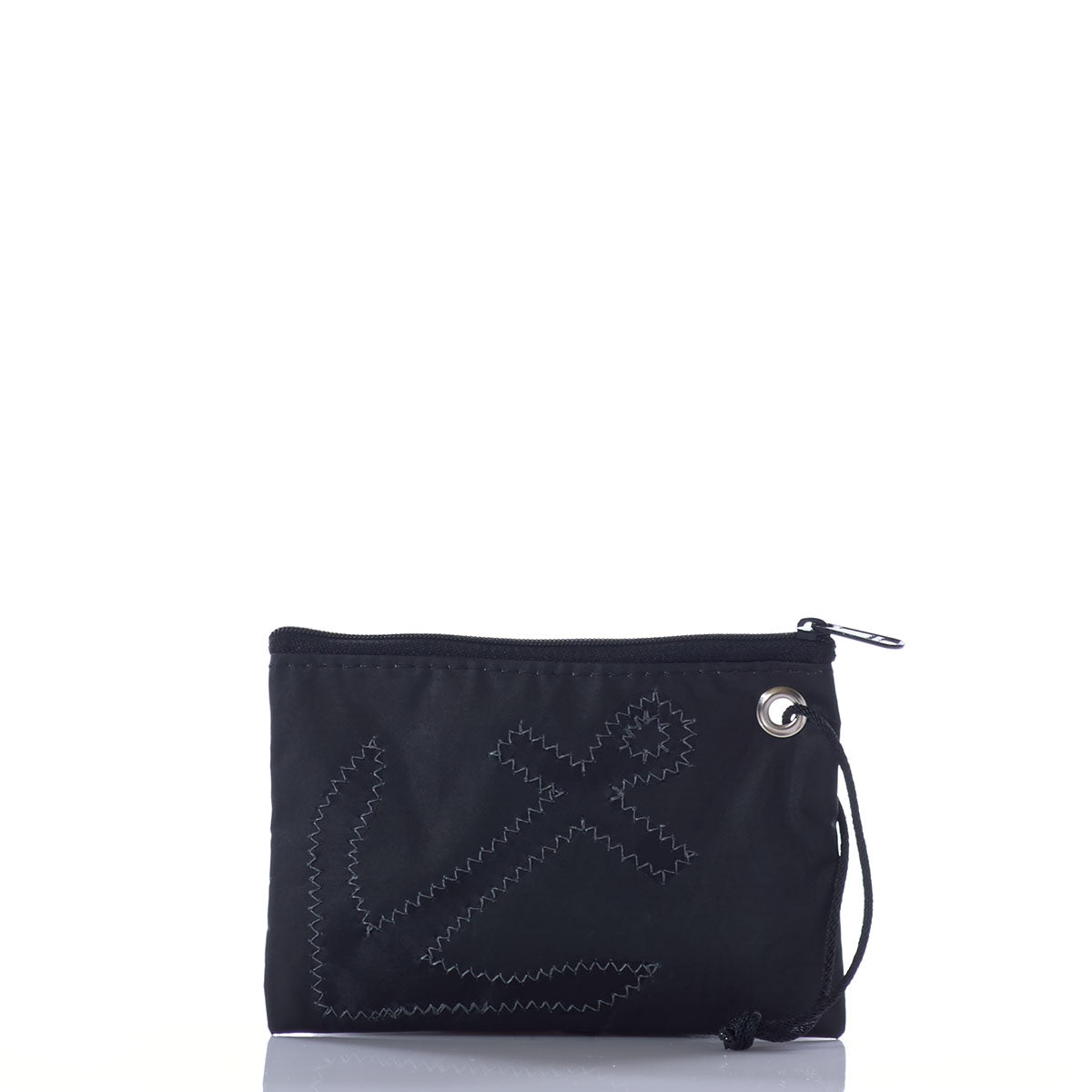 The Sea Bags Black-on-Black Anchor Wristlet is a small zippered pouch crafted from recycled sail, featuring a stitched black anchor design and a metal grommet in the top corner, shown against a white background. by Sea Bags