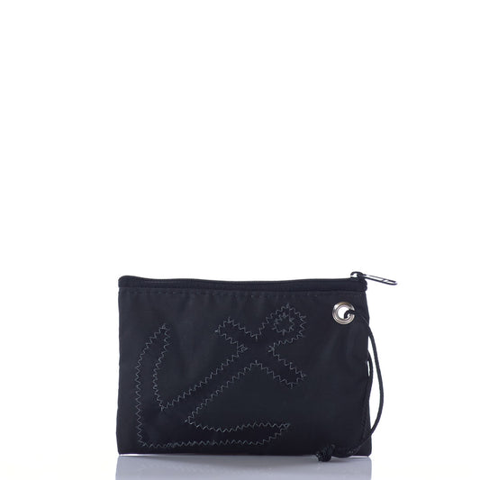 The Sea Bags Black-on-Black Anchor Wristlet is a small zippered pouch crafted from recycled sail, featuring a stitched black anchor design and a metal grommet in the top corner, shown against a white background. by Sea Bags