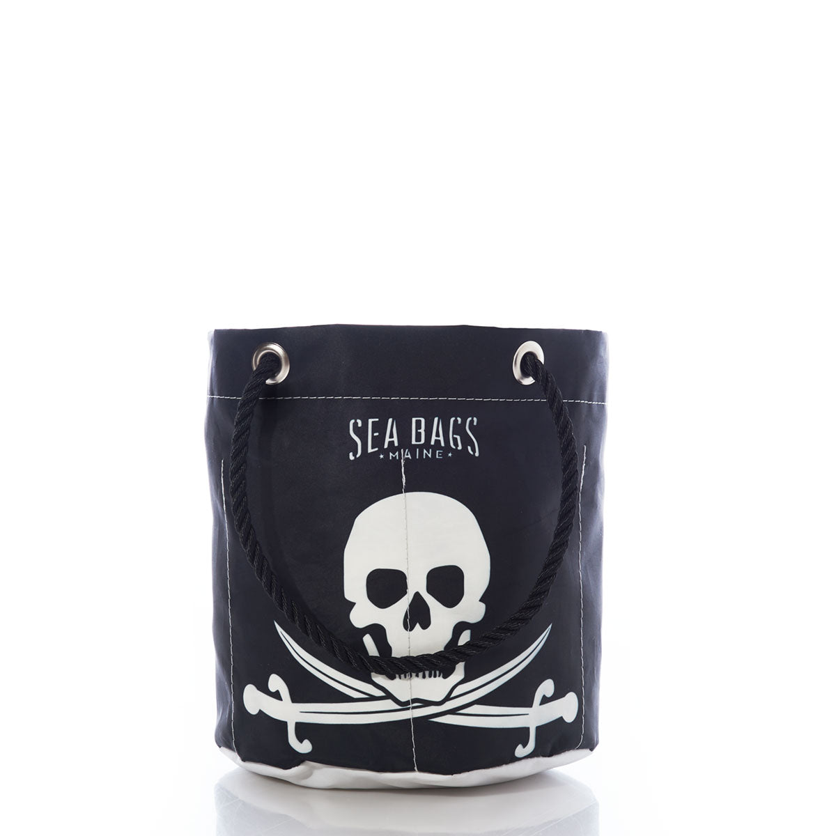 Introducing the Jolly Roger Beverage Bucket by Sea Bags—a black and white bucket bag crafted from recycled sail cloth, featuring a striking skull and crossed swords design with SEA BAGS MAINE text on the front. Its sturdy rope handle makes it perfect as a beer bucket or portable drink cooler for your next adventure. by Sea Bags