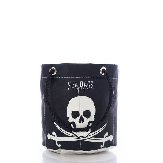 Introducing the Jolly Roger Beverage Bucket by Sea Bags—a black and white bucket bag crafted from recycled sail cloth, featuring a striking skull and crossed swords design with SEA BAGS MAINE text on the front. Its sturdy rope handle makes it perfect as a beer bucket or portable drink cooler for your next adventure. by Sea Bags
