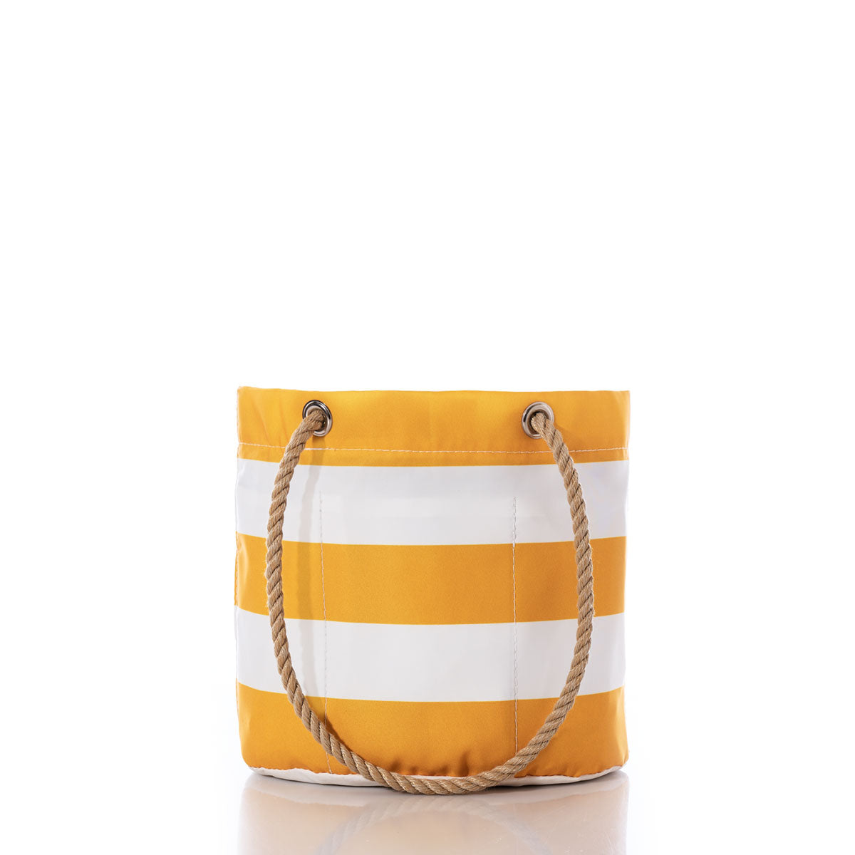 The Sea Bags Yellow Stripe Essential Handbag features bold yellow and white stripes and sturdy rope handles. Shown against a white background, this lightweight bucket bag is ideal for everyday use. by Sea Bags