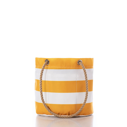 The Sea Bags Yellow Stripe Essential Handbag features bold yellow and white stripes and sturdy rope handles. Shown against a white background, this lightweight bucket bag is ideal for everyday use. by Sea Bags