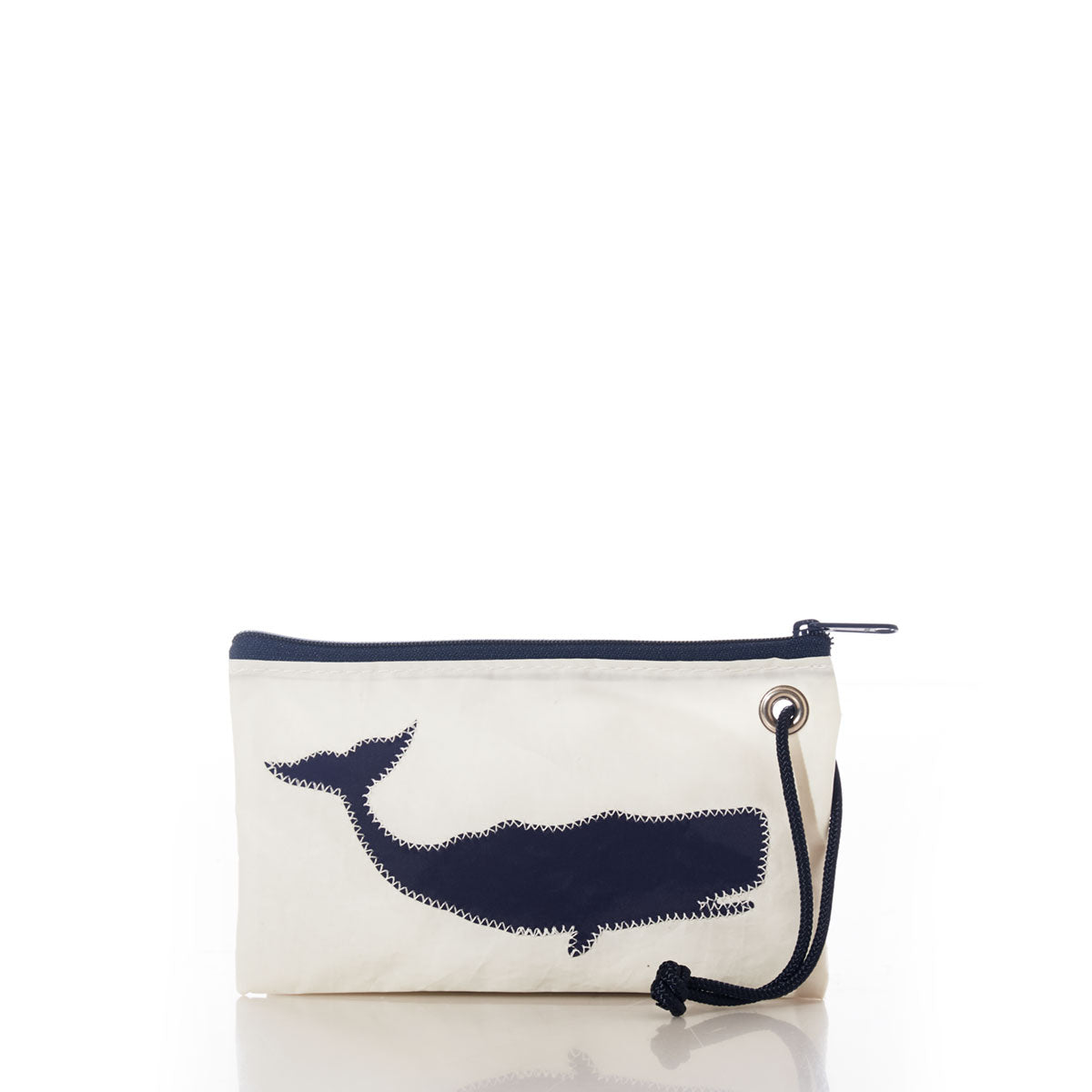 Introducing the Sea Bags Breton Stripe Whale Wristlet: a beige zippered pouch adorned with a navy blue whale silhouette and finished with a black wrist strap. Set against classic Breton stripes, this stylish mini organizer brings nautical flair to your everyday routine while celebrating your favorite sea creature—both practical and fashionable. by Sea Bags