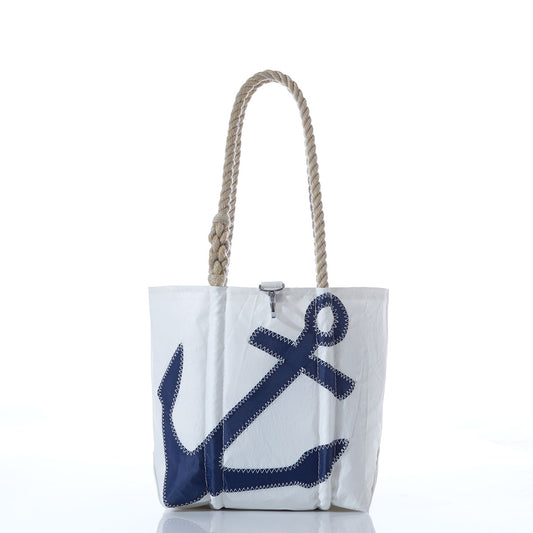 The Navy Anchor Handbag with Hemp Rope Handles by Sea Bags features a large navy anchor design on the front and is photographed against a white background. Inspired by classic recycled sail bags, this stylish accessory makes the perfect sailor gift. by Sea Bags