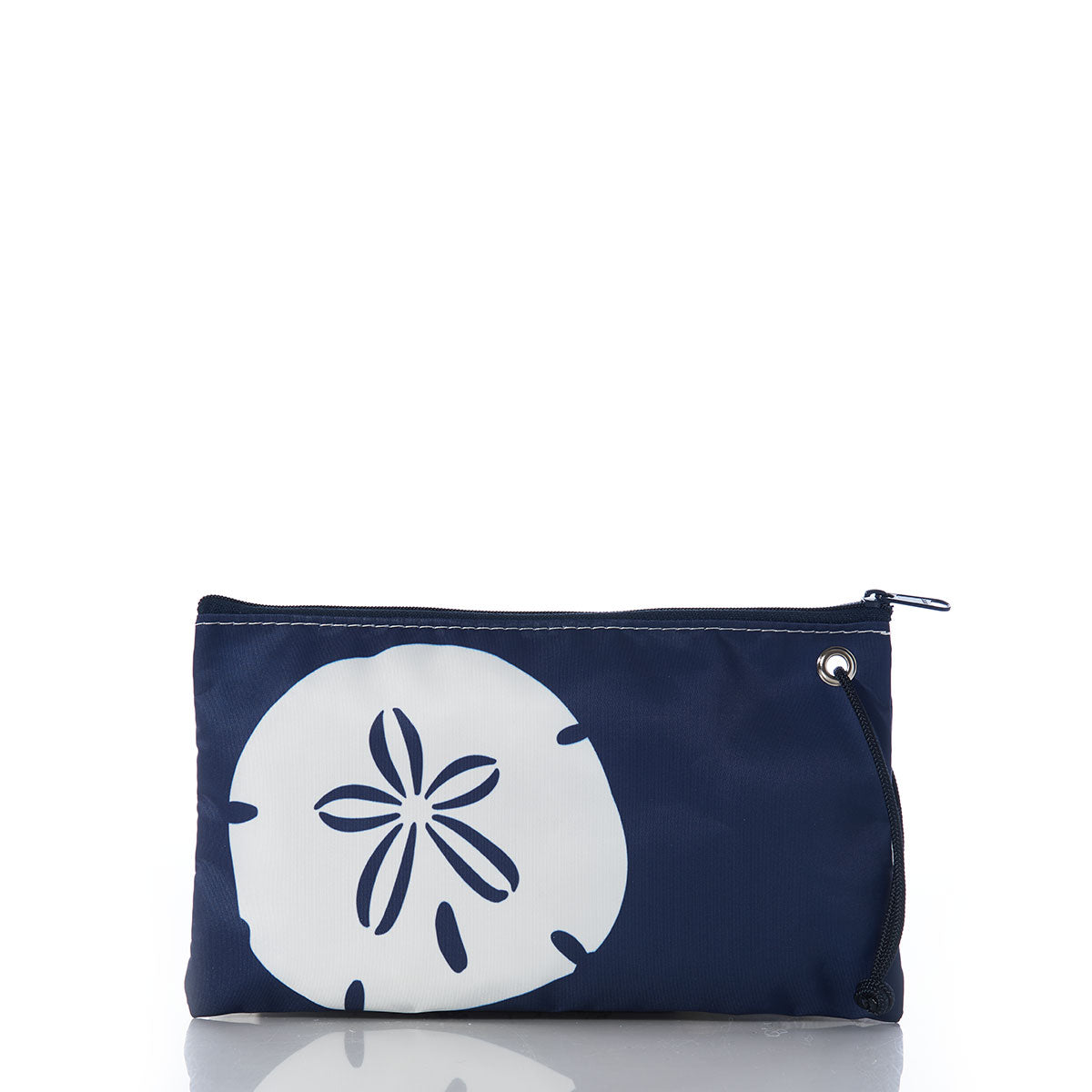 Sea Bags White on Navy Sand Dollar Large Wristlet, an eco-friendly zippered pouch featuring a white sand dollar graphic on the front, is displayed against a white background. by Sea Bags