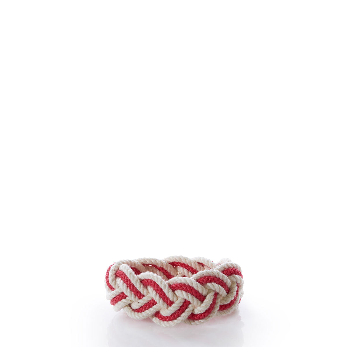 A Nantucket Knotworks Racing Stripes Bracelet in Nantucket Red and Natural is displayed against a plain white background, highlighting the authentic charm of this handcrafted accessory.