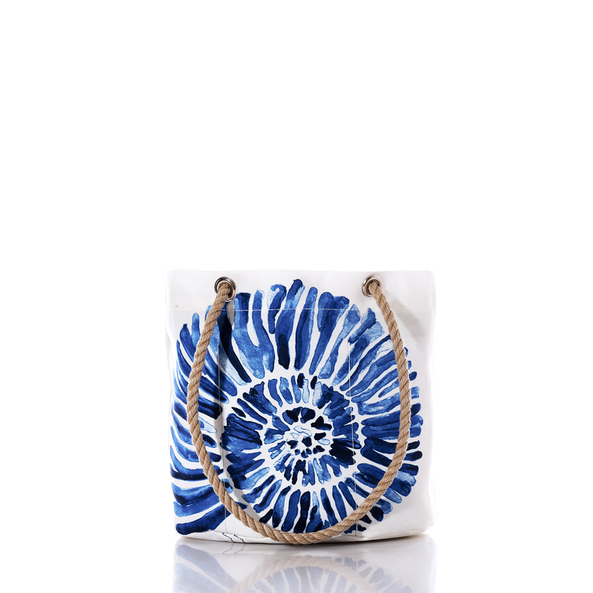 Sea Bags Nautilus Print Essential Handbag, handmade from recycled sail cloth for a unique and sustainable accessory, features a blue nautilus print and thick twisted rope handles, displayed on a white background. by Sea Bags