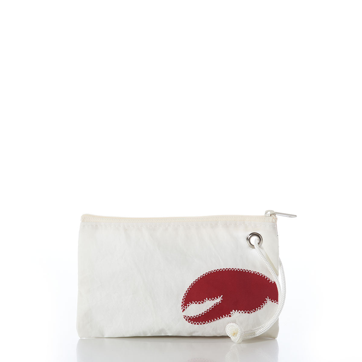 The Sea Bags Red Lobster Claw Wristlet is a small white zippered pouch, featuring a vibrant red lobster claw graphic and a white wrist strap, shown against a plain white background. This charming Maine accessory can be used as a wristlet or clutch purse, offering coastal flair while keeping your essentials close at hand. by Sea Bags