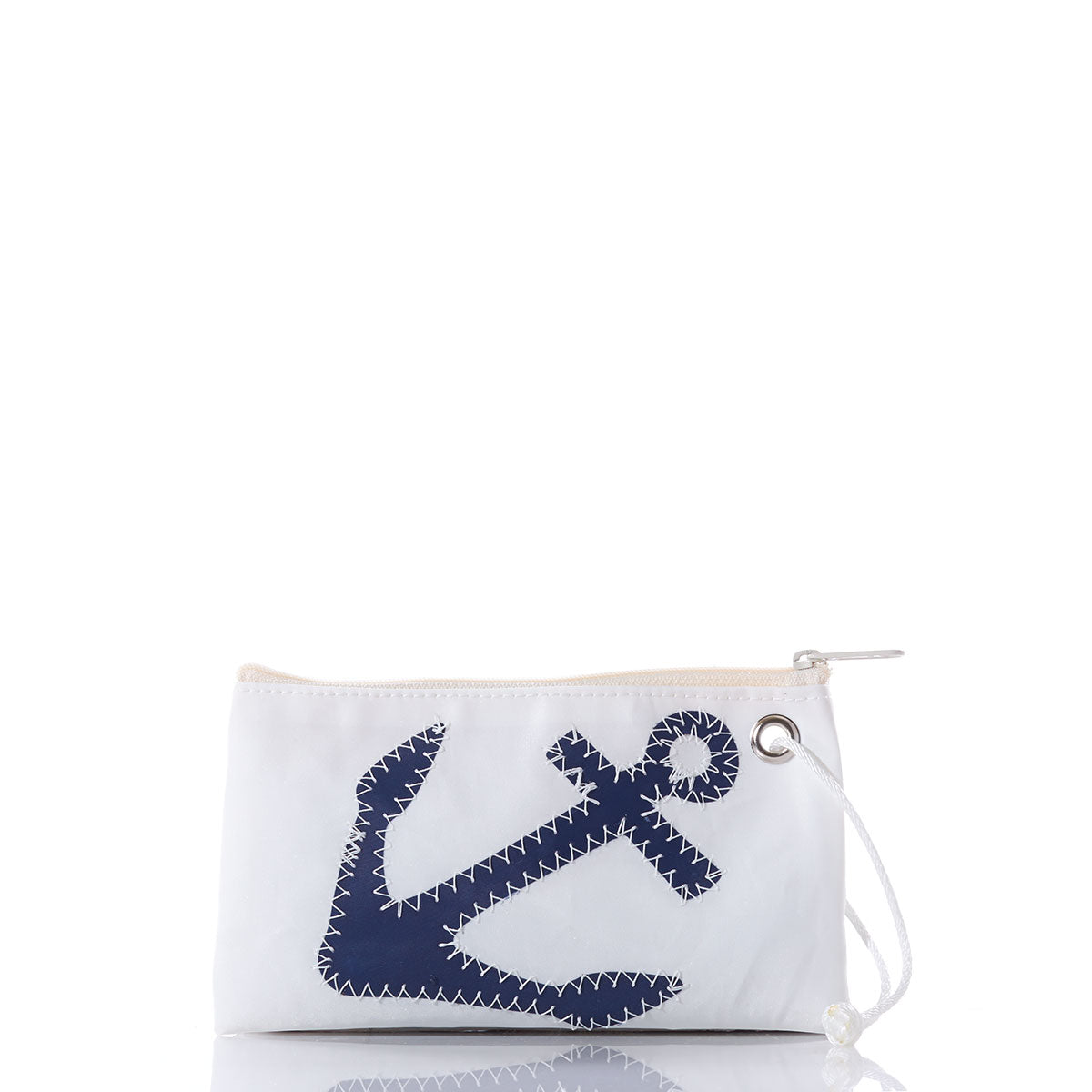 The Navy Anchor Wristlet by Sea Bags is a white zippered pouch made from recycled sail bags, featuring a stitched navy blue anchor design and a white cord wrist strap attached through a metal grommet. by Sea Bags