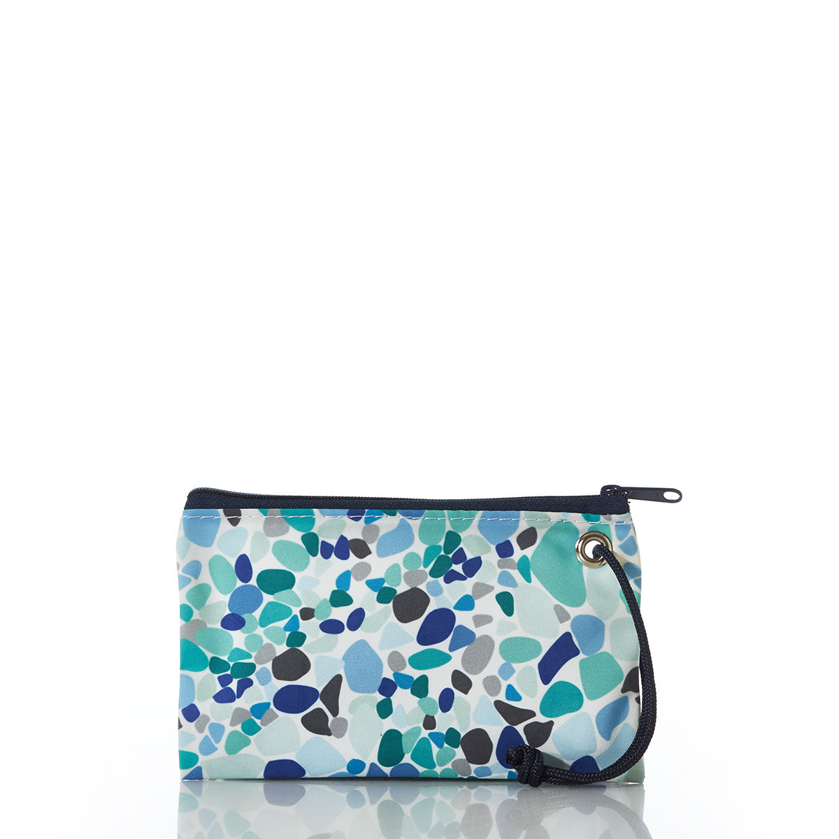 The Sea Bags Sea Glass Print Wristlet, displayed on a white background, features a blue, teal, and gray pebble pattern reminiscent of sea glass, a black zipper, and a wrist strap with a metal grommet. by Sea Bags