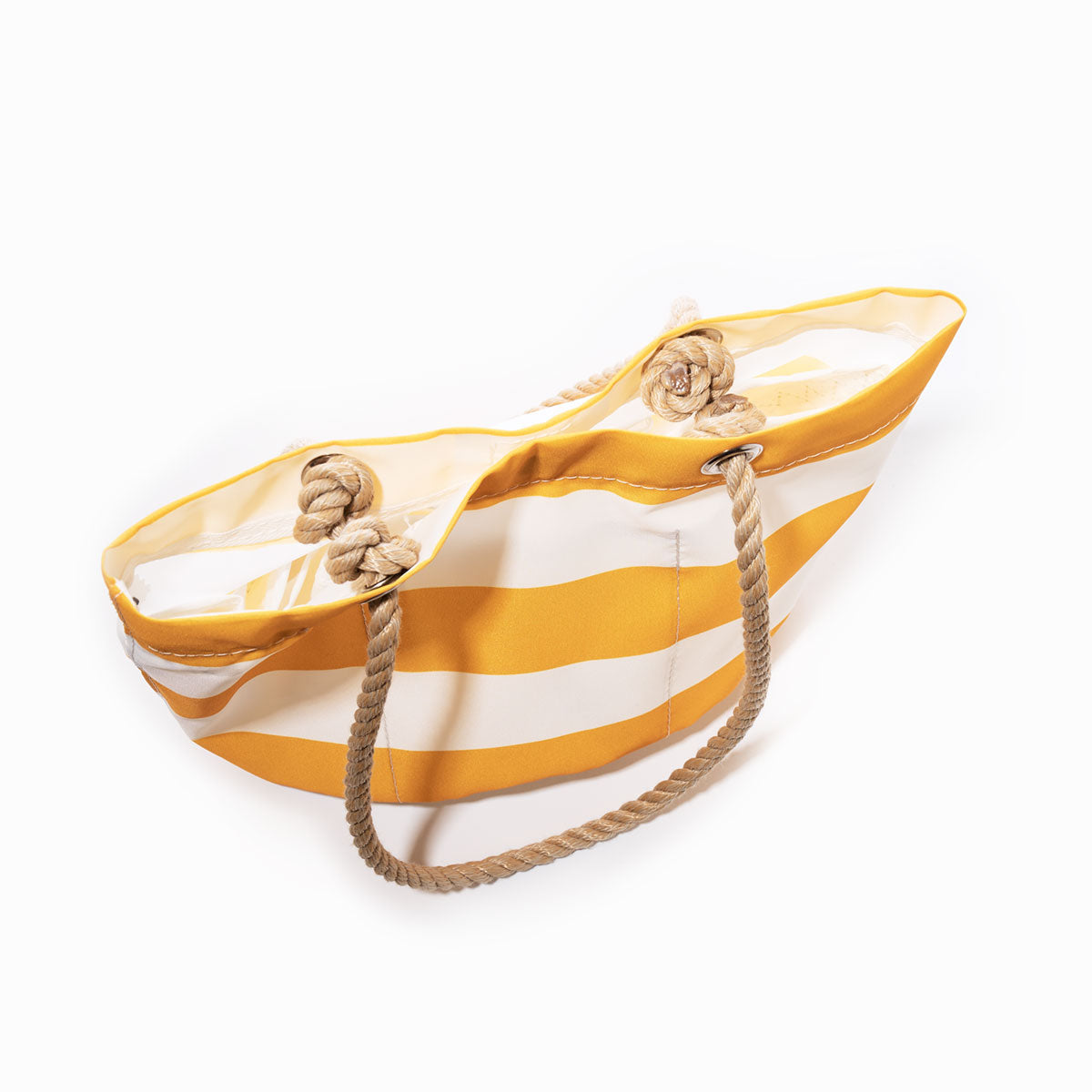 The Yellow Stripe Essential Handbag by Sea Bags features yellow and white stripes, sturdy rope handles with knotted accents, and is crafted from recycled sail cloth. Shown from an angled top view on a white background, this practical accessory blends durability with signature nautical style. by Sea Bags
